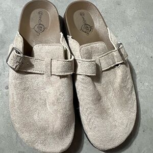 Beige Suede Buckle Clogs